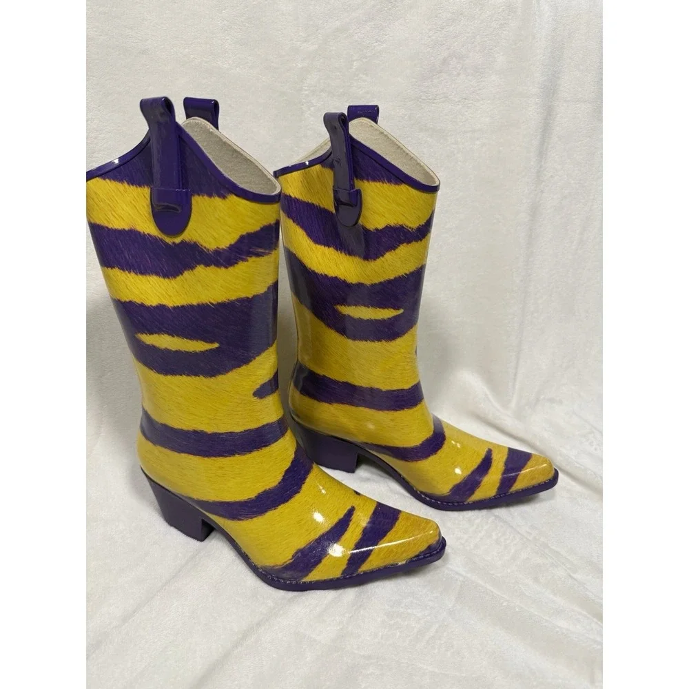 MyGameBoots Purple Gold Western Rain Boots Womens 6 Cowboy Rubber LSU